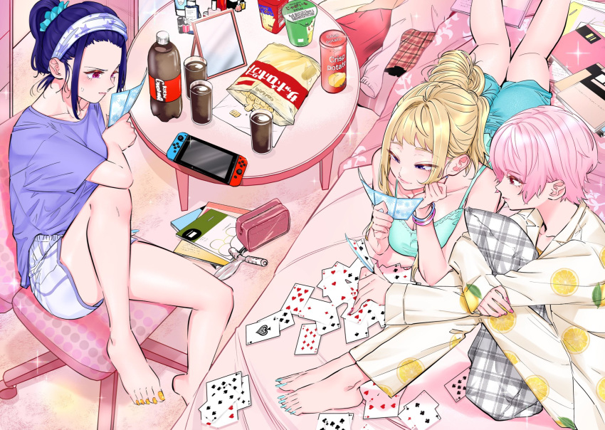 3girls akino_sayuri aqua_shorts aqua_tank_top barefoot blonde_hair blue_hair blue_headband blue_nails book breasts card chair chips cleavage collarbone collared_shirt cup dolphin_shorts dosanko_gyaru_wa_namaramenkoi food fuyuki_minami hair_behind_ear hair_bun handheld_game_console headband highres ikada_kai lemon_print looking_down lying medium_breasts mirror multiple_girls nail_polish natsukawa_rena nintendo_switch office_chair official_art on_bed on_stomach pink_eyes pink_hair playing_card potato_chips purple_eyes purple_shirt red_eyes shirt shorts sitting smile soda soda_bottle toenail_polish toenails white_shorts yellow_nails