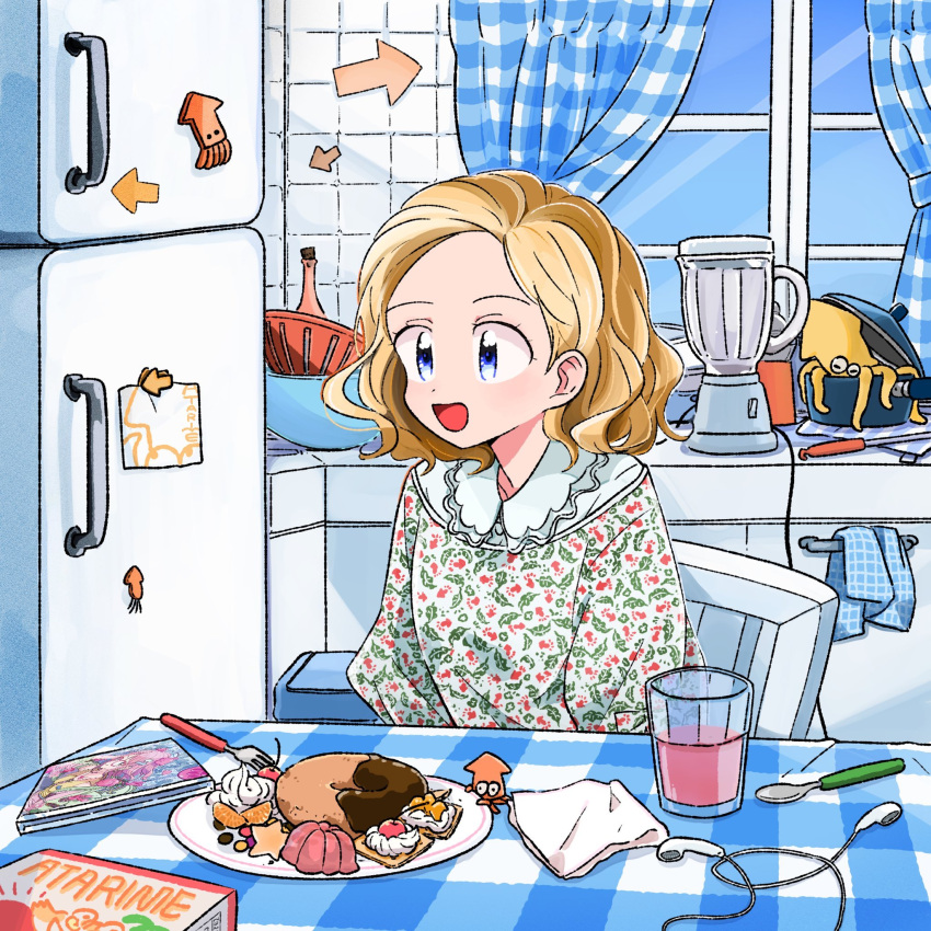 1girl album_cover arrow_(symbol) blender blonde_hair cd_case chair cover cup curtains doughnut earphones food fork highres indoors kitchen mokeo napkin open_mouth original plate pot refrigerator sitting spoon table window