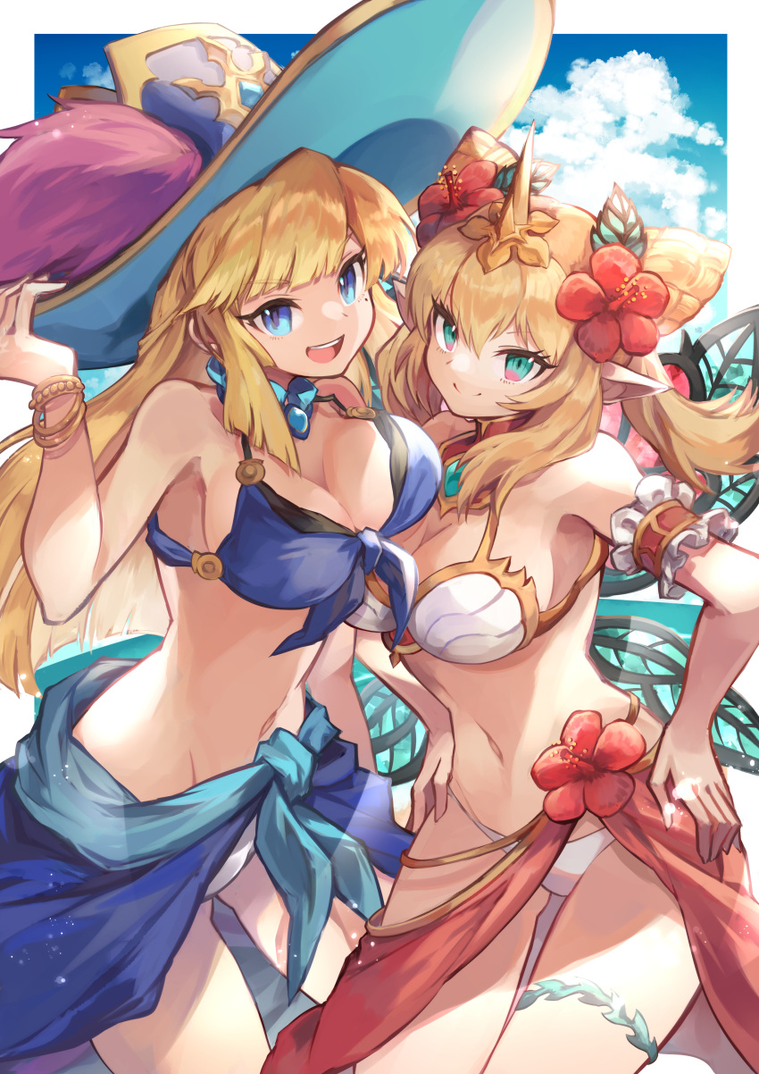 2girls absurdres armband asymmetrical_docking awilda_(p&amp;d) bikini blonde_hair blue_hair breast_press breasts cleavage double_bun flower gradient_eyes green_eyes hair_flower hair_ornament hat_feather hibiscus highres horns kuuron_(moesann17) leaf_wings multicolored multicolored_eyes multiple_girls open_mouth pointy_ears puzzle_&amp;_dragons red_eyes rosalyn_(p&amp;d) sarong single_horn swimsuit