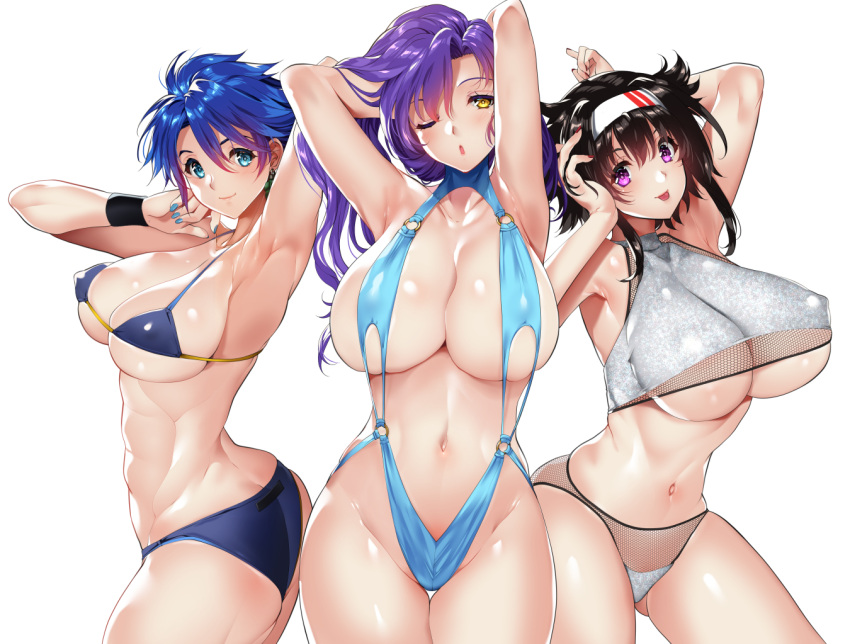 3girls abs armpits arms_up ass bangs bikini blue_eyes blue_hair blue_nails breasts brown_hair cleavage closed_mouth collarbone commentary covered_nipples earrings fingernails gradient gradient_hair hair_ornament hairband highleg highleg_swimsuit jewelry large_breasts long_hair looking_at_viewer multicolored_hair multiple_girls muscular muscular_female nail_polish navel o-ring o-ring_swimsuit one_eye_closed open_mouth original purple_eyes purple_hair shiny shiny_clothes shiny_hair shiny_skin short_hair simple_background smile stomach summer swimsuit tamiya_akito thighs toned tongue tongue_out white_background wristband yellow_eyes