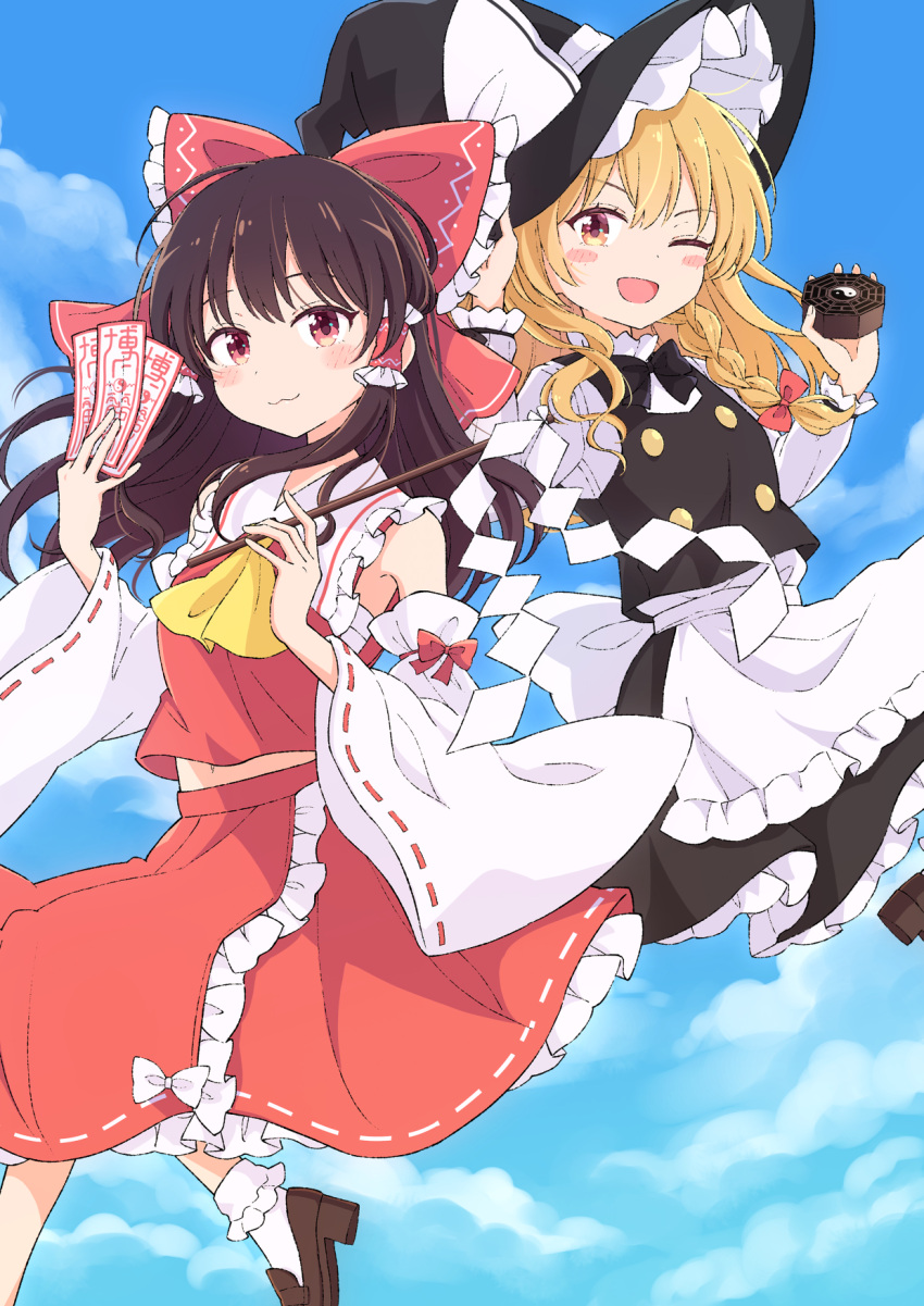 2girls amulet apron bangs bare_shoulders black_bow black_dress black_headwear black_neckwear blonde_hair blue_sky blush bow braid brown_footwear brown_hair buttons closed_mouth cloud cloudy_sky collar detached_sleeves dress eyebrows_visible_through_hair flying frills gohei hair_between_eyes hair_bow hair_tubes hakurei_reimu hand_on_headwear hand_up hands_up haruki_reimari hat hat_bow highres holding kirisame_marisa long_hair long_sleeves looking_at_viewer medium_hair mini-hakkero multiple_girls one_eye_closed open_mouth red_bow red_eyes red_shirt red_skirt shirt shoes single_braid skirt sky smile socks touhou white_apron white_bow white_legwear wide_sleeves witch_hat yellow_eyes yellow_neckwear