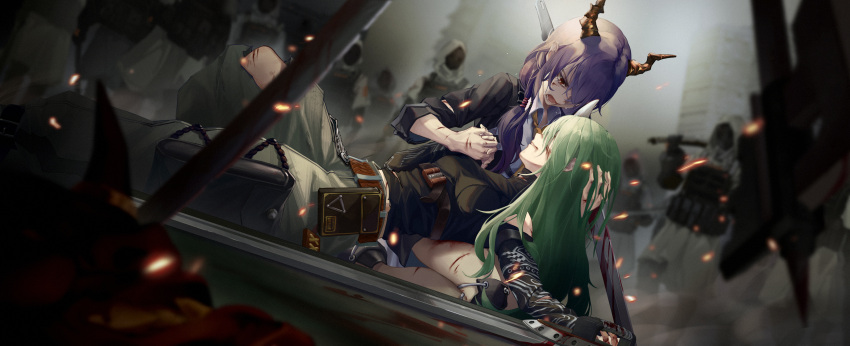2girls 50mgnicotine absurdres arknights bangs black_jacket black_shirt blood blood_from_mouth blood_on_face bloody_weapon blurry blurry_background blurry_foreground breasts ch'en_(arknights) chinese_commentary collared_shirt commentary_request corrupted_exif_data crying crying_with_eyes_open depth_of_field dragon_horns green_eyes grey_pants hand_on_another's_head highres holding_hands horns hoshiguma_(arknights) injury jacket knee_up lap_pillow long_hair looking_at_another lying medium_breasts multiple_girls necktie on_back open_mouth pants parted_lips purple_hair red_eyes reunion_soldier_(arknights) seiza shirt single_horn sitting tears torn_clothes torn_pants weapon white_shirt yellow_neckwear