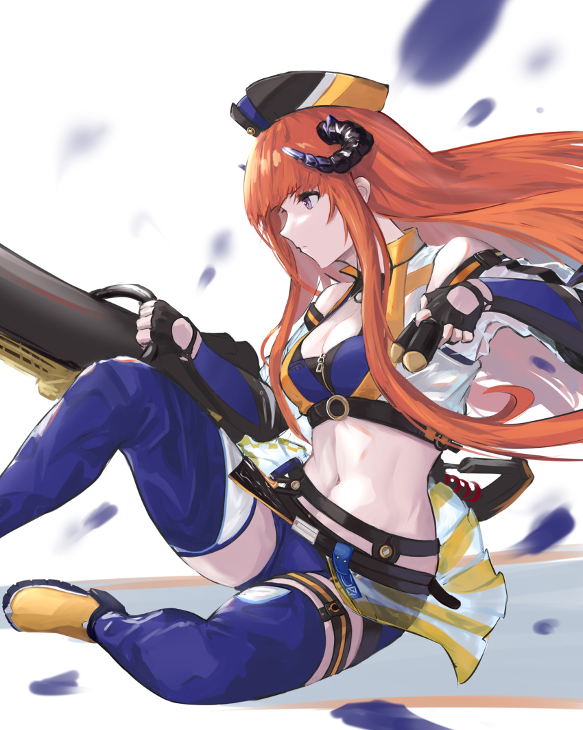 1girl arknights bagpipe_(arknights) bagpipe_(queen_no._1)_(arknights) bangs bare_shoulders belt black_belt black_gloves blue_legwear boots breasts cleavage crop_top cropped_vest detached_collar detached_sleeves dragon_horns eyebrows_visible_through_hair facing_to_the_side fingerless_gloves foot_out_of_frame from_side gloves gunlance hat highres holding holding_bullet holding_weapon horns long_hair looking_afar medium_breasts midriff navel official_alternate_costume orange_hair profile purple_eyes purple_footwear purple_headwear purple_shorts race_queen revealing_clothes see-through see-through_sleeves shoes short_shorts shorts showgirl_skirt sidelocks smile solo stomach thigh_boots thighhighs thighs very_long_hair vest wagachop weapon white_background yellow_vest