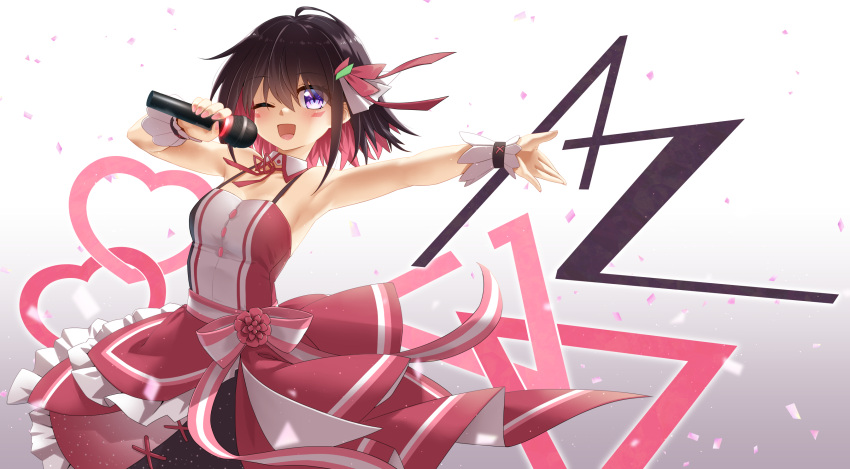 1girl ;d ahoge armpits azki_(hololive) bangs bare_shoulders black_hair blush breasts collar commentary_request detached_collar dress eyebrows_visible_through_hair flower gradient gradient_background grey_background hair_between_eyes heart highres holding holding_microphone hololive looking_at_viewer microphone mizunashi_(second_run) multicolored_hair neck_ribbon one_eye_closed open_mouth outstretched_arm petals purple_eyes red_dress red_flower red_hair red_ribbon ribbon small_breasts smile solo two-tone_hair virtual_youtuber white_background white_collar wing_collar wrist_cuffs