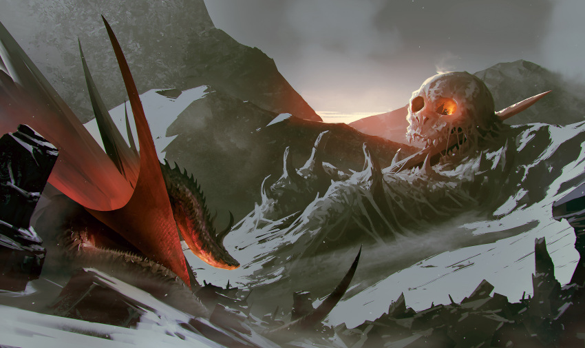 1other absurdres ambiguous_gender bone bonfire commentary dragon english_commentary grey_background highres horns kalmahul mountain night night_sky original outdoors scenery sitting skull sky snow teeth