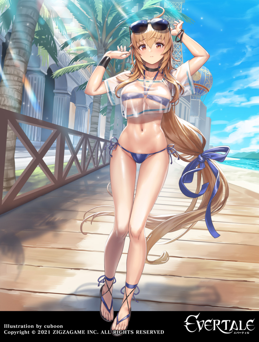 1girl ahoge artist_name bangs beach bikini blue_sky bow bowtie bracelet brown_eyes brown_hair choker closed_mouth cloud cloudy_sky collarbone commentary_request copyright_name cuboon day evertale eyewear_on_head full_body highres jewelry logo long_hair low-tied_long_hair navel o-ring o-ring_bikini ocean official_art outdoors palm_leaf palm_tree rizette sandals see-through shiny shiny_skin short_sleeves side-tie_bikini simple_background sky solo stomach sunglasses sunlight swimsuit toes tree water