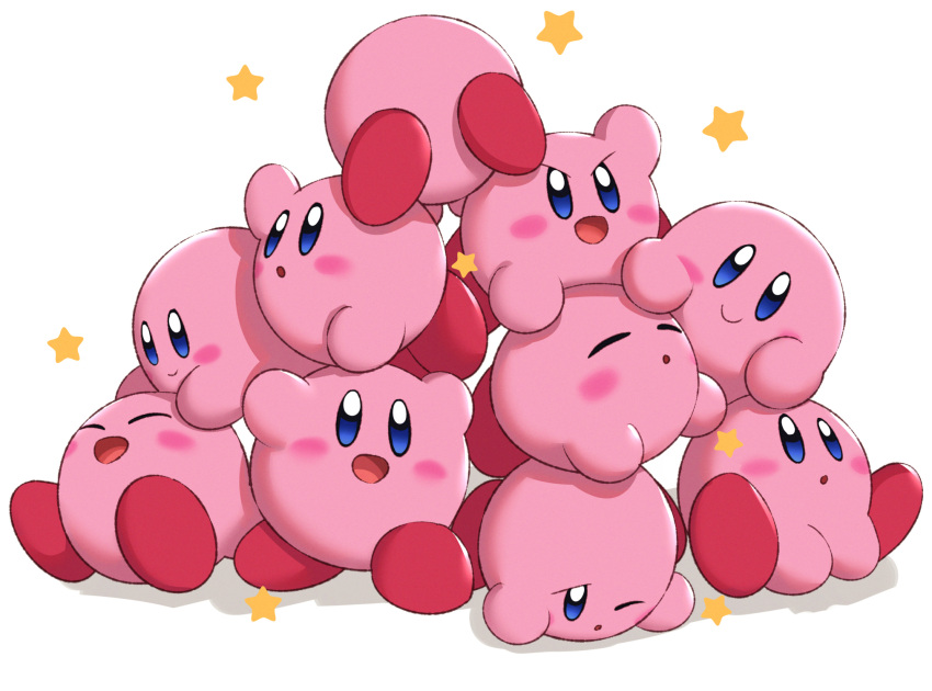 anniversary blue_eyes blush_stickers closed_eyes closed_mouth dogpile furrowed_brow gonzarez hand_up happy highres kirby kirby_(series) kirby_mass_attack looking_at_another looking_at_viewer looking_up multiple_persona open_mouth smile star_(symbol) tired