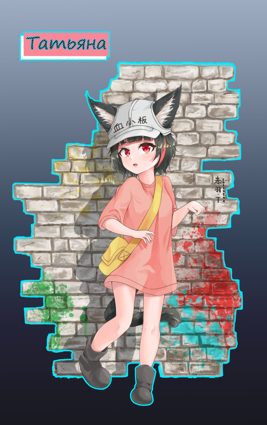 1girl animal_ear_fluff animal_ears bag baseball_cap black_footwear black_hair boots brick_wall cat_ears cat_girl cat_tail chinese_commentary commentary_request dated full_body grey_headwear hat hataraku_saibou highres legs mixed-language_commentary no_pants open_mouth oversized_clothes oversized_shirt paw_pose pink_shirt platelet_(hataraku_saibou) red_eyes shirt short_hair short_sleeves slit_pupils solo tail takasi.bingjun