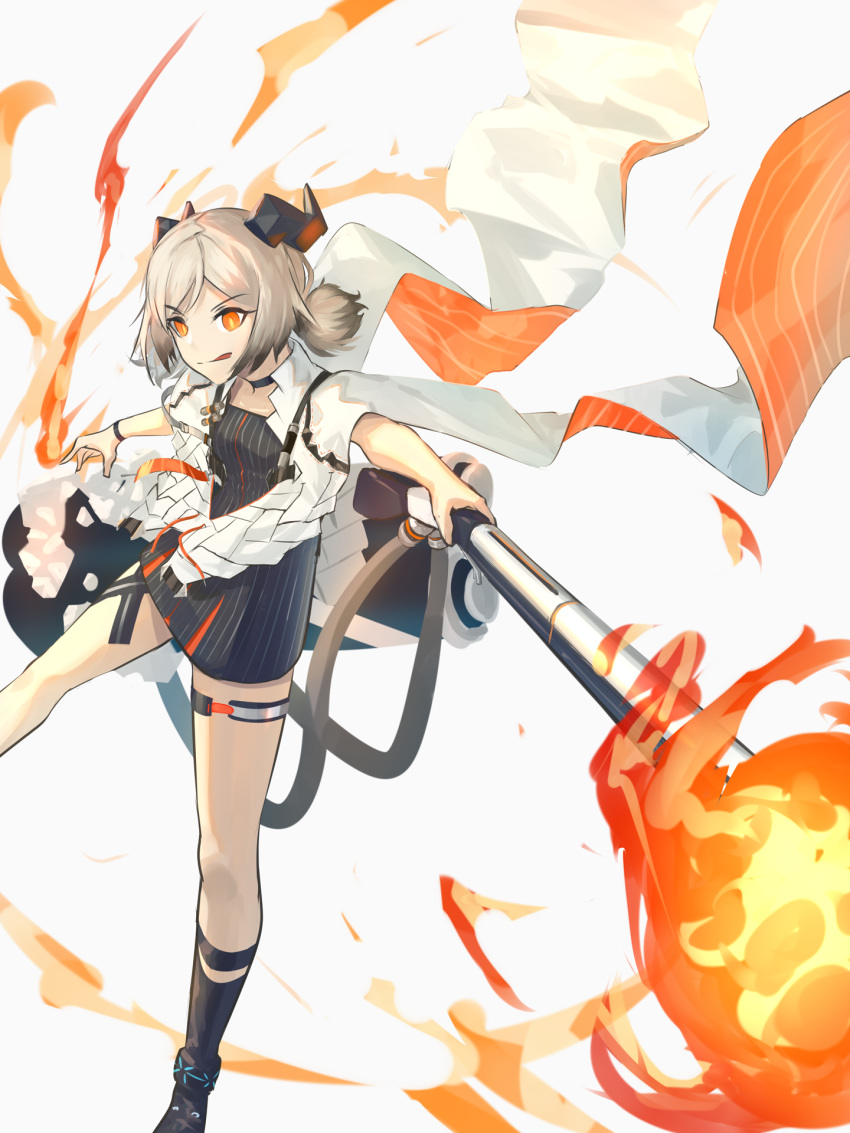 1girl :q arknights bangs black_footwear blonde_hair boots breasts canister choker cloak dress eyebrows_visible_through_hair fire flamethrower flat_chest foot_out_of_frame gas_tank gradient_hair grey_dress grey_hair hand_up highres holding holding_weapon horns ifrit_(arknights) infection_monitor_(arknights) leg_strap looking_at_viewer low_twintails multicolored_hair orange_eyes parted_bangs short_dress sidelocks solo striped striped_dress tail thigh_strap toeless_footwear tongue tongue_out twintails wagachop weapon white_background white_cloak