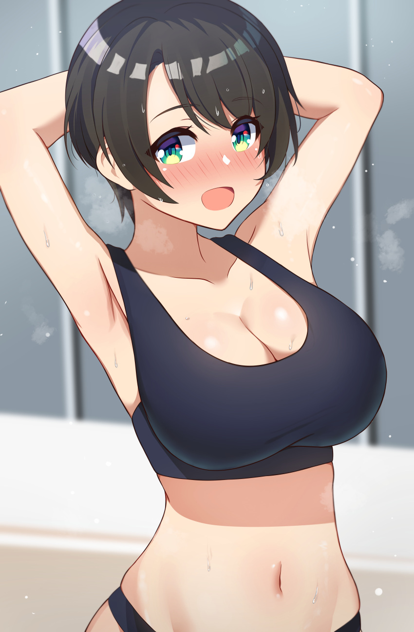 1girl absurdres armpits arms_behind_head arms_up black_bra blush bra breasts brown_hair cleavage collarbone cowboy_shot eyebrows_visible_through_hair green_eyes highres hololive large_breasts looking_at_viewer navel nokmaaa oozora_subaru open_mouth shiny shiny_skin short_hair smile sports_bra sweat underwear virtual_youtuber