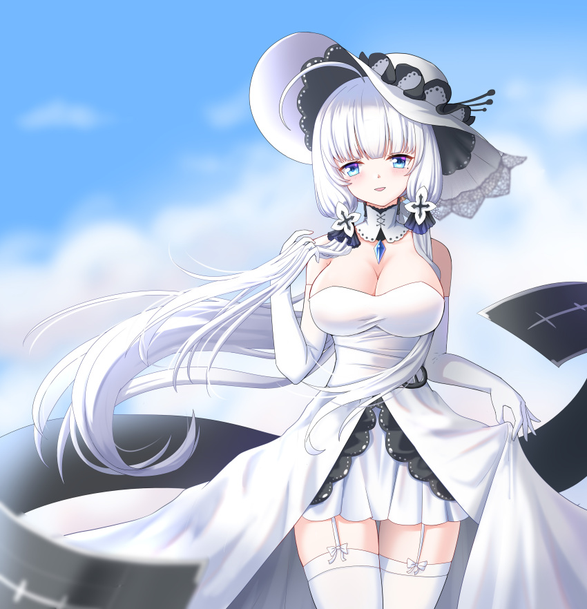 1girl absurdres azur_lane blue_eyes blue_sky blurry blurry_background breasts cleavage collar cowboy_shot detached_collar dress elbow_gloves flight_deck garter_straps gloves hat highres illustrious_(azur_lane) lace-trimmed_dress lace-trimmed_headwear lace_trim large_breasts long_hair looking_at_viewer sapphire_(gemstone) skirt_hold sky sleeveless sleeveless_dress solo strapless strapless_dress sun_hat thigh_gap thighhighs very_long_hair white_collar white_dress white_gloves white_hair white_headwear white_legwear zhihe_box