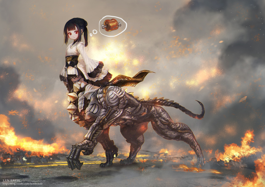 1girl absurdres black_hair centauroid commentary_request dress fire food frilled_dress frills full_body highres len_brew looking_at_viewer meat mecha nagai_gojitsudan_no_nechronica original panties red_eyes smoke solo tabletop_rpg taur thought_bubble underwear