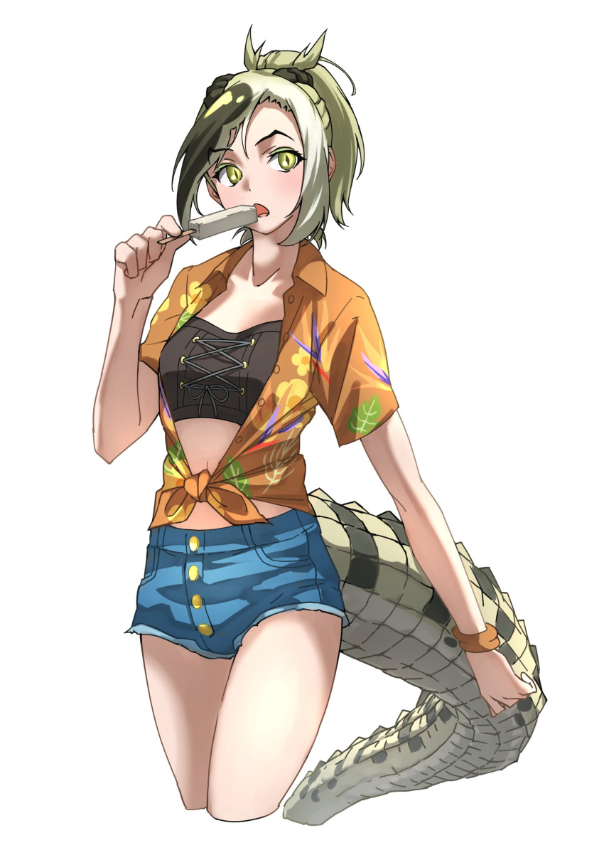 1girl absurdres bracelet commentary_request cowboy_shot crocodilian_tail denim denim_shorts eyebrows_visible_through_hair food green_eyes green_hair hawaiian_shirt highres jewelry kemono_friends kemono_friends_3 lizard_girl lizard_tail multicolored_hair official_alternate_costume open_clothes open_shirt orange_shirt ponytail popsicle saltwater_crocodile_(kemono_friends) shirt short_shorts short_sleeves shorts solo strapless tail tanabe_(fueisei) tied_shirt tubetop two-tone_hair