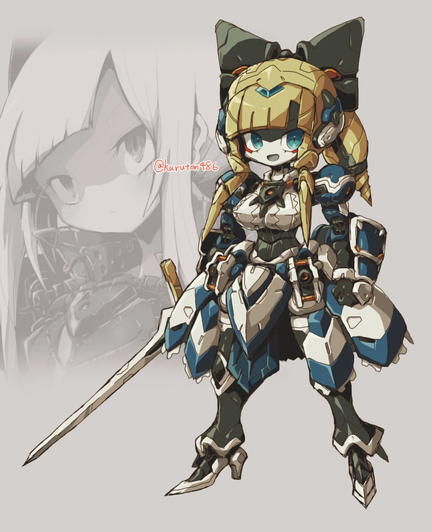 1girl absurdres artist_name blue_eyes bow clenched_hand hair_behind_ear high_heels highres holding holding_sword holding_weapon humanoid_robot kuruton486 looking_to_the_side looking_up mechanization original projected_inset science smile solo_focus sword weapon