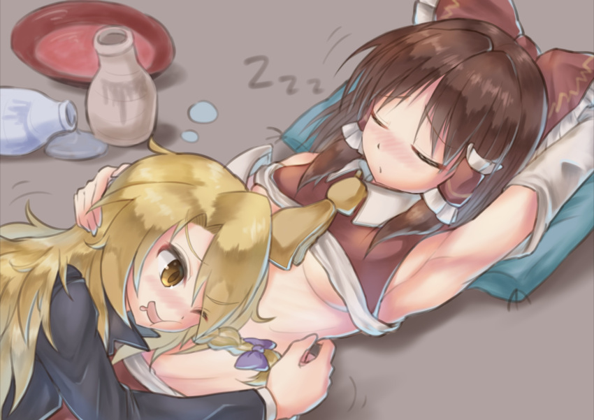 2girls absurdres alcohol armpits bangs black_jacket blonde_hair blush bottle breasts brown_hair commentary_request cup detached_sleeves drunk eyebrows_visible_through_hair eyes_visible_through_hair hair_between_eyes hakurei_reimu head_on_another's_stomach highres jacket kirisame_marisa kitsune_kemono long_hair medium_hair multiple_girls necktie one_eye_closed open_mouth pillow red_shirt sakazuki sake sake_bottle shirt sleeping small_breasts touhou underboob upper_body white_shirt white_sleeves yellow_eyes yellow_neckwear yuri zzz