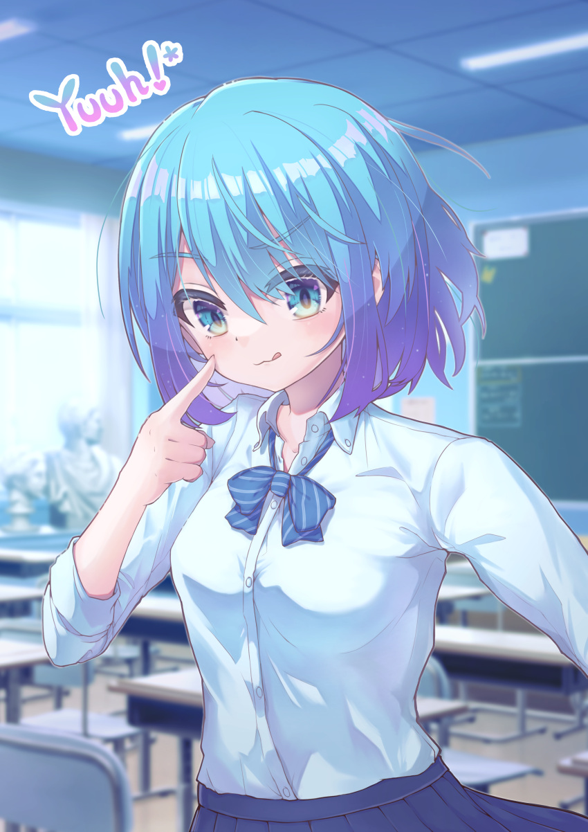 1girl :q absurdres bangs blue_bow blue_eyes blue_hair blue_skirt bow bowtie breasts bust_(sculpture) character_name classroom closed_mouth collared_shirt commentary cookie_(touhou) desk eyebrows_visible_through_hair gradient_hair hair_between_eyes highres kitsune_kemono looking_at_viewer medium_breasts multicolored_hair purple_hair shirt shirt_tucked_in short_hair skirt smile solo striped striped_neckwear tongue tongue_out upper_body white_shirt yuuhi_(cookie)