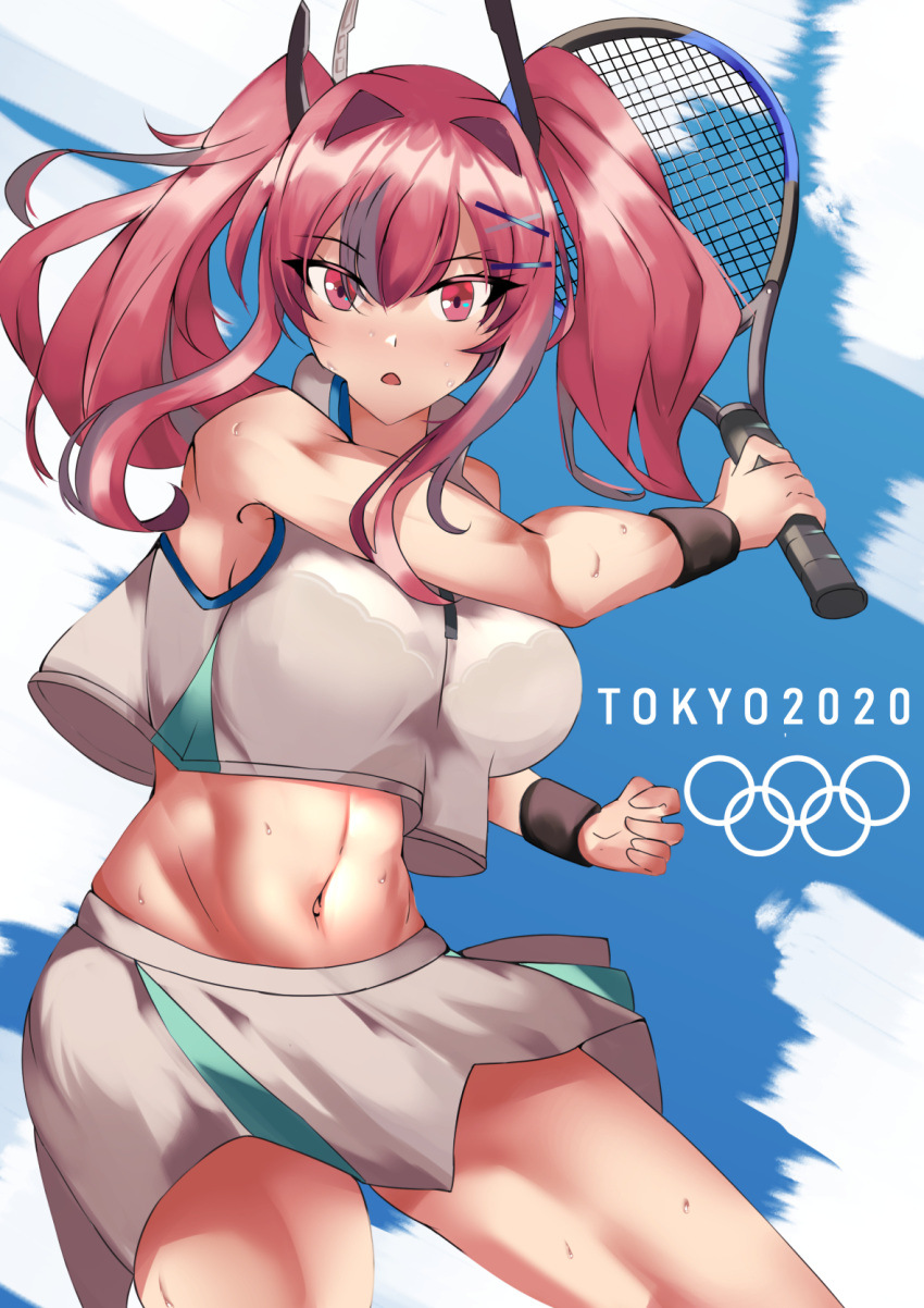 1girl 2020_summer_olympics azur_lane bangs bare_shoulders blue_background bralines breasts bremerton_(azur_lane) bremerton_(scorching-hot_training)_(azur_lane) collared_shirt commentary cowboy_shot crop_top crop_top_overhang eyebrows_visible_through_hair green_skirt grey_hair groin hair_between_eyes hair_intakes hair_ornament hairclip highres holding holding_racket large_breasts long_hair looking_at_viewer midriff multicolored_hair navel nestleo no_mole official_alternate_costume olympics open_mouth pink_eyes pink_hair racket shirt sidelocks skirt sleeveless sleeveless_shirt solo sportswear standing streaked_hair sweat tennis tennis_racket tennis_uniform twintails two-tone_background two-tone_hair two-tone_shirt two-tone_skirt white_background white_shirt white_skirt wristband x_hair_ornament