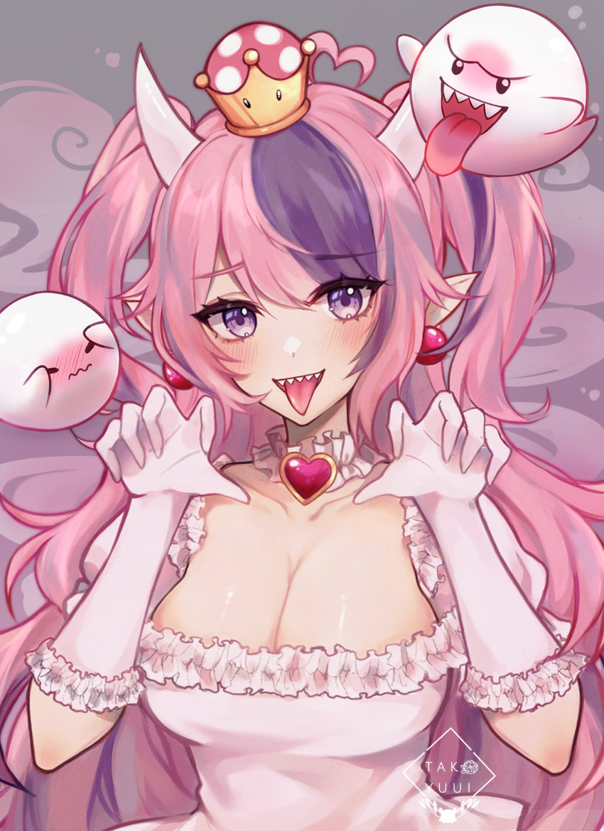 &gt;_&lt; 1girl artist_logo artist_name bangs blush boo_(mario) breasts cinderella_bust cleavage collar collarbone colored_tongue commentary cosplay crossover crown demon_girl demon_horns dress earrings elbow_gloves english_commentary eyebrows_visible_through_hair eyes_visible_through_hair frilled_collar frilled_dress frilled_gloves frills ghost ghost_pose ghost_tail gloves hair_between_eyes hands_up heart_collar highres horns ironmouse jewelry large_breasts long_hair long_tongue looking_at_viewer low_neckline luigi's_mansion mario_(series) mini_crown multicolored_hair new_super_mario_bros._u_deluxe open_mouth pink_hair pointy_ears princess_king_boo princess_king_boo_(cosplay) purple_eyes purple_hair sharp_teeth sidelocks solo streaked_hair super_crown tako_yuui teeth tongue tongue_out two-tone_hair two_side_up upper_body very_long_hair virtual_youtuber vshojo white_dress white_gloves white_horns