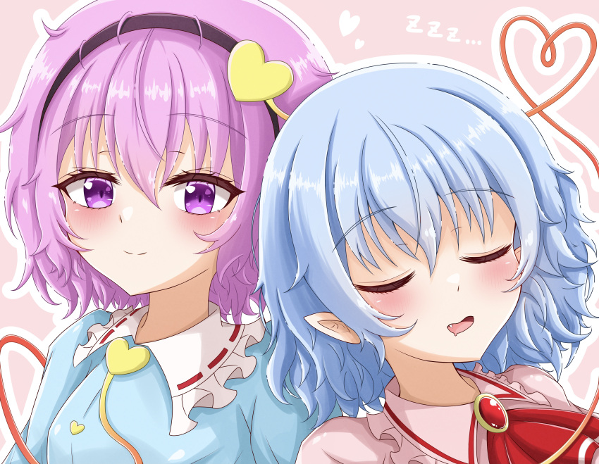 2girls absurdres bangs black_hairband blouse blue_blouse blue_hair blue_sleeves blush breasts closed_eyes closed_mouth collar eyebrows_visible_through_hair gem hair_between_eyes hairband heart heart-shaped_pupils highres jewelry komeiji_satori long_sleeves looking_at_viewer lying_on_person medium_breasts multicolored multicolored_eyes multiple_girls no_hat no_headwear open_mouth pink_background pink_eyes pink_hair pink_sleeves purple_eyes red_neckwear reijing_etrn remilia_scarlet short_hair short_sleeves simple_background sleeping smile symbol-shaped_pupils touhou upper_body