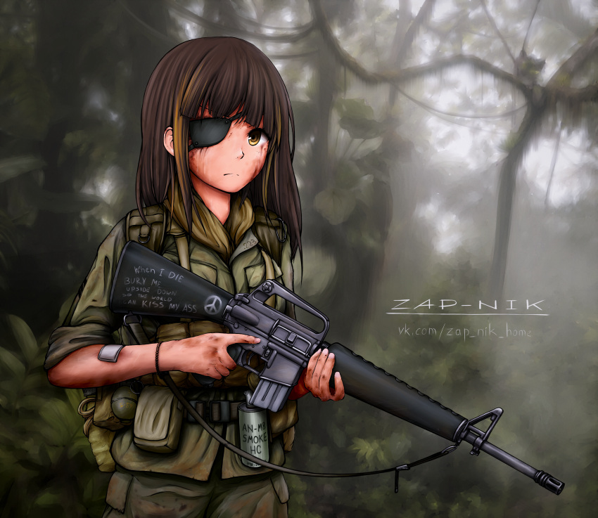 1girl absurdres ammunition_belt ammunition_pouch assault_rifle bandaid bangs blurry blurry_background brown_eyes brown_hair closed_mouth dirty dirty_clothes dirty_face eyepatch girls'_frontline green_jacket green_pants gun hair_between_eyes highres holding holding_gun holding_weapon jacket jungle long_hair looking_at_viewer m16 m16a1 m16a1_(girls'_frontline) military military_uniform multicolored_hair nature outdoors pants peace_symbol pouch rifle scar scar_across_eye sleeves_rolled_up smoke_grenade solo streaked_hair tree trigger_discipline uniform vietnam vietnam_war weapon zap-nik