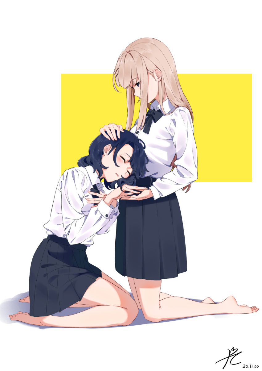 2girls absurdres adachi_sakura adachi_to_shimamura bare_legs barefoot black_hair black_neckwear black_skirt bow bowtie closed_eyes collared_shirt commentary_request dated eyebrows_visible_through_hair hair_ornament hairclip hand_on_another's_head hand_on_own_chest head_on_another's_stomach highres kneeling light_brown_hair long_hair long_sleeves looking_at_another medium_hair multiple_girls parted_lips pleated_skirt ppchen purple_eyes school_uniform shadow shimamura_hougetsu shirt shirt_tucked_in signature skirt two-tone_background white_background white_shirt yellow_background yuri