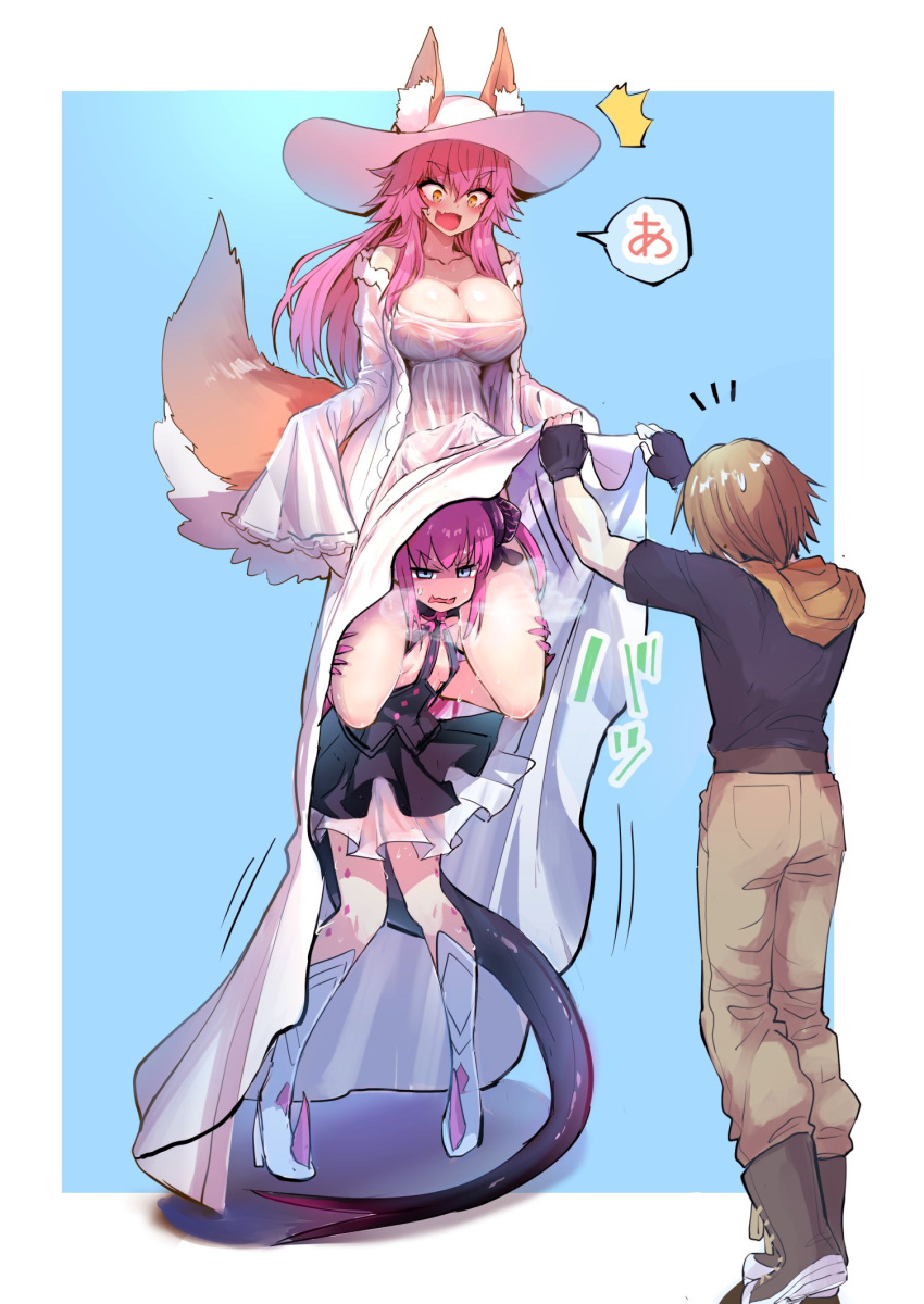 1boy 2ch 2girls animal_ears breasts check_commentary cleavage commentary_request cosplay dress elizabeth_bathory_(fate) elizabeth_bathory_(fate)_(all) fate/extra fate_(series) fox_ears fox_girl fox_tail hasshaku-sama hasshaku-sama_(cosplay) hat highres kishinami_hakuno_(male) large_breasts multiple_girls pink_hair sleeves_past_fingers sleeves_past_wrists sun_hat tail tamamo_(fate) tamamo_no_mae_(fate) translated white_dress white_headwear wisespeak yellow_eyes