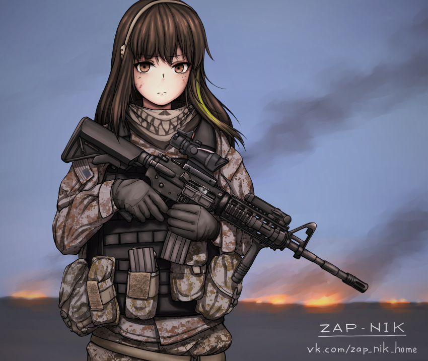 1girl acog ammunition_belt ammunition_pouch assault_rifle bangs blurry blurry_background brown_eyes brown_hair camouflage camouflage_jacket camouflage_pants closed_mouth dirty dirty_face fire girls'_frontline gloves gun hair_between_eyes headpiece highres holding holding_gun holding_weapon jacket long_hair long_sleeves looking_at_viewer m4_carbine m4a1_(girls'_frontline) military military_jacket military_uniform multicolored_hair outdoors pants pouch rifle scarf smoking solo streaked_hair sunset uniform united_states_army vest weapon zap-nik