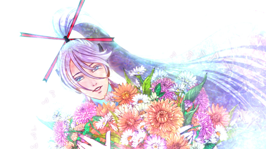 1boy bloom blue_eyes bouquet commentary dutch_angle eighth_note flower flower_request hair_ornament hair_stick holding holding_bouquet kamui_gakupo lips long_hair male_focus mie_(miekushinada) musical_note nail_polish parted_lips ponytail purple_flower purple_hair purple_nails red_flower smile solo upper_body very_long_hair vocaloid white_flower
