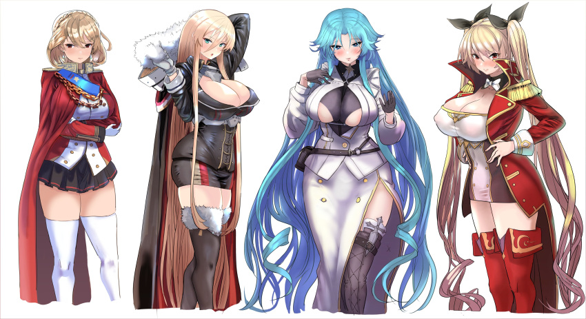 4girls absurdres azur_lane bangs bismarck_(azur_lane) blonde_hair blue_eyes blue_hair blush bow braid breasts cleavage cloak coat dagger detached_collar fur-trimmed_coat fur_collar fur_trim hair_between_eyes hair_bow hey_taisyou highres knife large_breasts long_bangs long_hair looking_at_viewer multiple_girls nelson_(azur_lane) pleated_skirt prince_of_wales_(azur_lane) red_eyes short_hair side_slit skirt sovetskaya_belorussiya_(azur_lane) thighhighs twintails weapon zettai_ryouiki