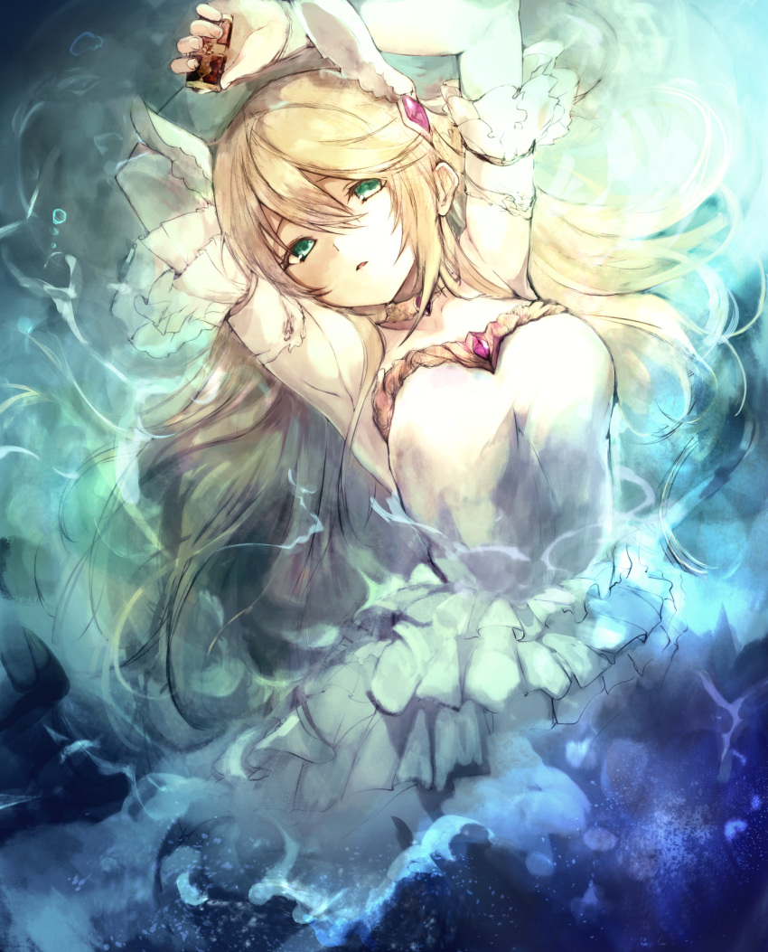 1girl agulo armpits arms_up bare_shoulders blonde_hair choker dress floating_hair frills gem green_eyes hair_spread_out highres jewelry long_hair looking_at_viewer rance_(series) sheila_helman solo underwater water white_dress