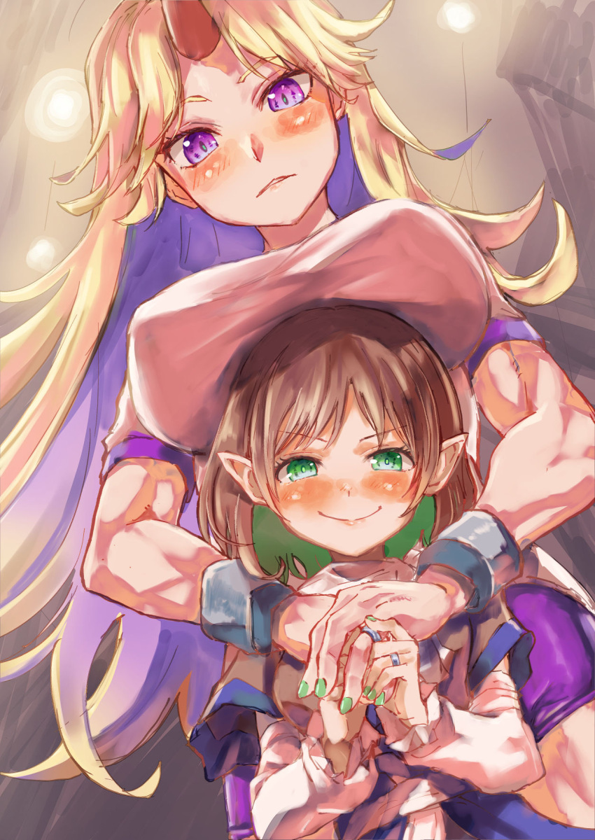 2girls blonde_hair blush breast_rest breasts breasts_on_head brown_hair cuffs green_eyes gym_uniform hair_ribbon happy highres horns hoshiguma_yuugi hug large_breasts long_hair looking_at_viewer medium_hair mizuhashi_parsee multiple_girls muscular pointy_ears purple_eyes ribbon shackles single_horn touhou yohane