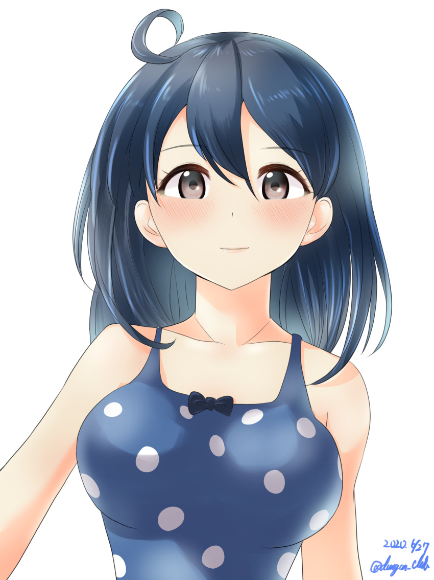 1girl absurdres black_hair blue_swimsuit blush breasts brown_eyes casual_one-piece_swimsuit collarbone dangan_kurabu dated eyebrows_visible_through_hair eyelashes hair_between_eyes highres kantai_collection large_breasts lips long_hair looking_at_viewer one-piece_swimsuit polka_dot polka_dot_swimsuit simple_background smile solo swimsuit twitter_username upper_body ushio_(kancolle) white_background