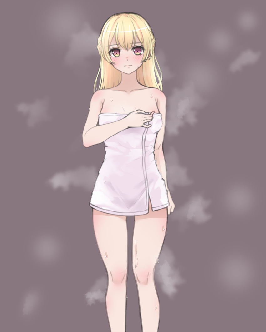 1girl bang_dream! bangs bare_legs bare_shoulders blonde_hair blush breasts closed_mouth feet_out_of_frame grey_background half_updo highres long_hair looking_at_viewer medium_breasts naked_towel ptal purple_eyes shirasagi_chisato sidelocks sketch solo standing steaming_body sweat thigh_gap thighs towel wet