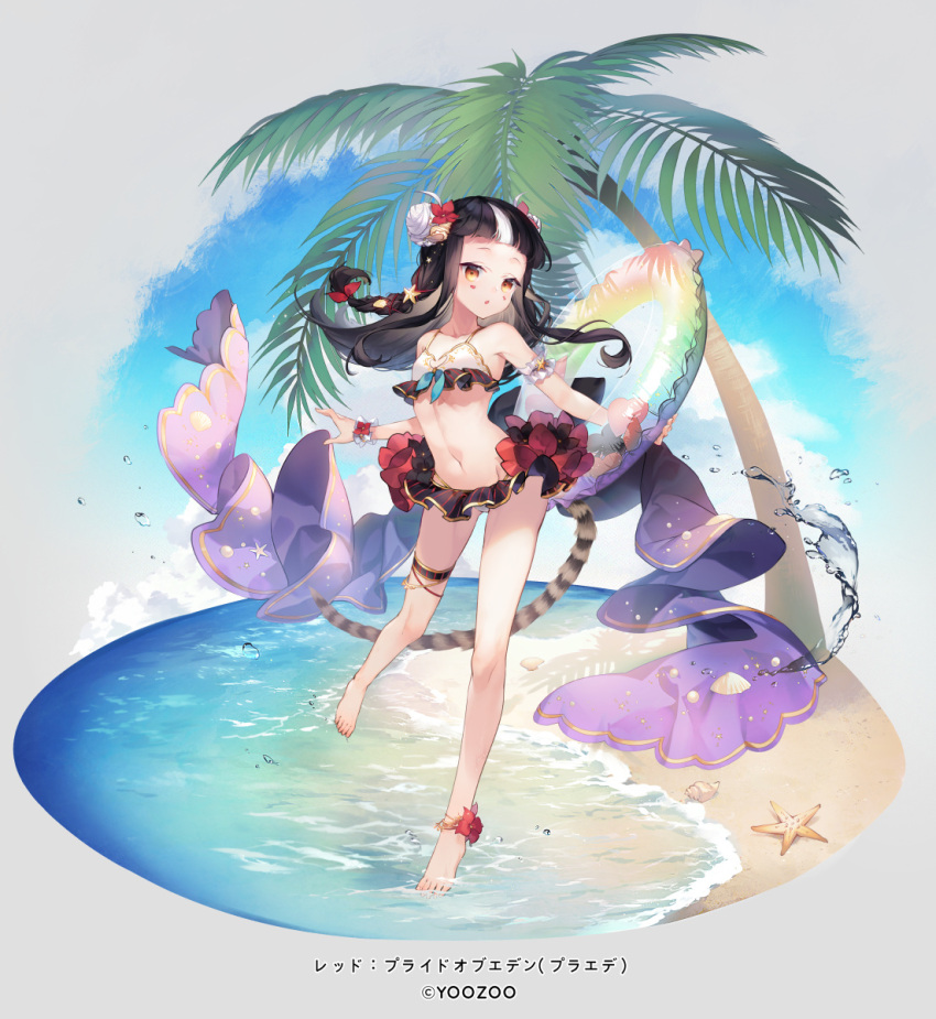 1girl ankle_flower anklet bare_legs bare_shoulders barefoot bikini black_hair braid conchita_(pride_of_eden) flower hair_flower hair_ornament highres jewelry long_hair looking_at_viewer multicolored_hair red:_pride_of_eden shinia short_hair solo standing swimsuit thigh_strap two-tone_hair white_hair