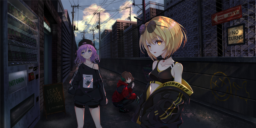 3girls absurdres alley alternate_costume black_shorts city cityscape contemporary eyewear_on_head highres looking_at_viewer lunasa_prismriver lyrica_prismriver merlin_prismriver multiple_girls round_eyewear shorts sports_bra squatting sunglasses touhou yamanakaume