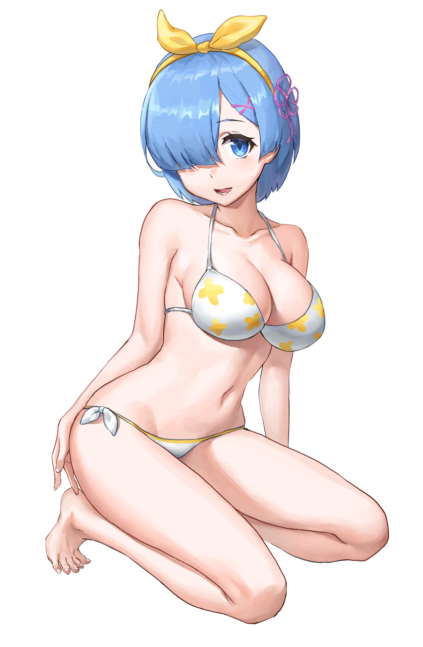 1girl :d absurdres alternate_costume arm_at_side arm_support bangs bare_legs bare_shoulders barefoot bikini blue_eyes blue_hair breasts cleavage collarbone commentary_request hair_ornament hair_over_one_eye hairband highres kneeling kohinata_(sdu0628) large_breasts looking_at_viewer lower_teeth navel open_mouth re:zero_kara_hajimeru_isekai_seikatsu rem_(re:zero) short_hair side-tie_bikini simple_background smile solo swimsuit white_background white_bikini x_hair_ornament yellow_hairband