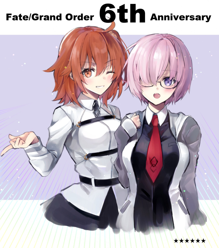 2girls ahoge bad_anatomy bangs blush breasts chaldea_uniform commentary_request copyright_name cowboy_shot cropped_legs fate/grand_order fate_(series) fujimaru_ritsuka_(female) glasses grey_jacket grin hair_between_eyes hair_over_one_eye hand_up hane_yuki highres jacket large_breasts long_sleeves mash_kyrielight medium_breasts multiple_girls necktie one_eye_closed open_clothes open_jacket open_mouth orange_eyes orange_hair pantyhose purple_eyes red_neckwear shiny shiny_hair short_hair side_ponytail smile star_(symbol) teeth two-tone_background upper_teeth white_jacket
