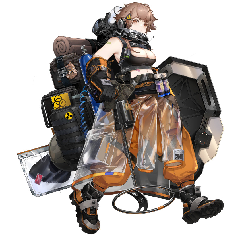 1girl ahoge backpack bag bandaid bandaid_on_arm bandaid_on_stomach bare_shoulders bedroll biohazard_symbol boots breasts brown_eyes brown_hair cleavage clothes_around_waist full_body gas_mask girls'_frontline girls'_frontline_neural_cloud gloves hair_ornament highres large_breasts mask mask_removed metal_detector midriff navel official_art orange_pants oxygen_tank pants radiation_symbol see-through see-through_jacket shield short_hair solo stuffed_animal stuffed_toy tank_top teddy_bear transparent_background zion_(girls'_frontline_nc)