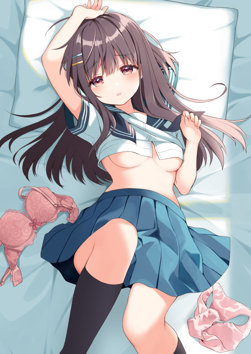 1girl bra bra_removed breasts brown_hair highres long_hair lying midriff on_back on_bed original panties panties_removed red_eyes school_uniform serafuku solo underboob underwear underwear_removed uramakaron