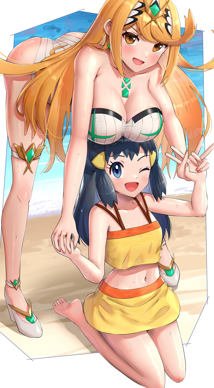 2girls absurdres bangs blonde_hair blue_eyes blue_hair breasts chest_jewel crossover dawn_(pokemon) duplicate gem gonzarez headpiece highres large_breasts long_hair multiple_girls mythra_(radiant_beach)_(xenoblade) mythra_(xenoblade) namesake one-piece_swimsuit pixel-perfect_duplicate pokemon pokemon_(anime) pokemon_dppt_(anime) ribbed_swimsuit strapless strapless_swimsuit striped swept_bangs swimsuit tiara vertical-striped_swimsuit vertical_stripes very_long_hair white_swimsuit xenoblade_chronicles_(series) xenoblade_chronicles_2 yellow_eyes