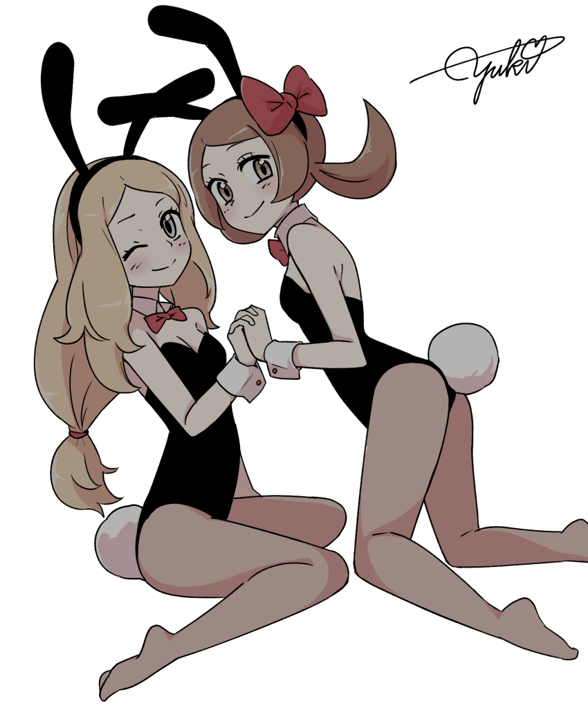 2girls alternate_costume animal_ears black_hairband black_leotard blonde_hair blush bow bowtie breasts cleavage closed_mouth commentary detached_collar eyelashes hair_tie hairband highres holding_hands kneeling leotard long_hair looking_at_viewer lyra_(pokemon) multiple_girls one_eye_closed pantyhose playboy_bunny pokemon pokemon_(game) pokemon_hgss pokemon_xy rabbit_ears rabbit_tail red_bow red_neckwear serena_(pokemon) signature simple_background sitting smile split_mouth strapless strapless_leotard tail tied_hair tsuki_minto white_background wrist_cuffs