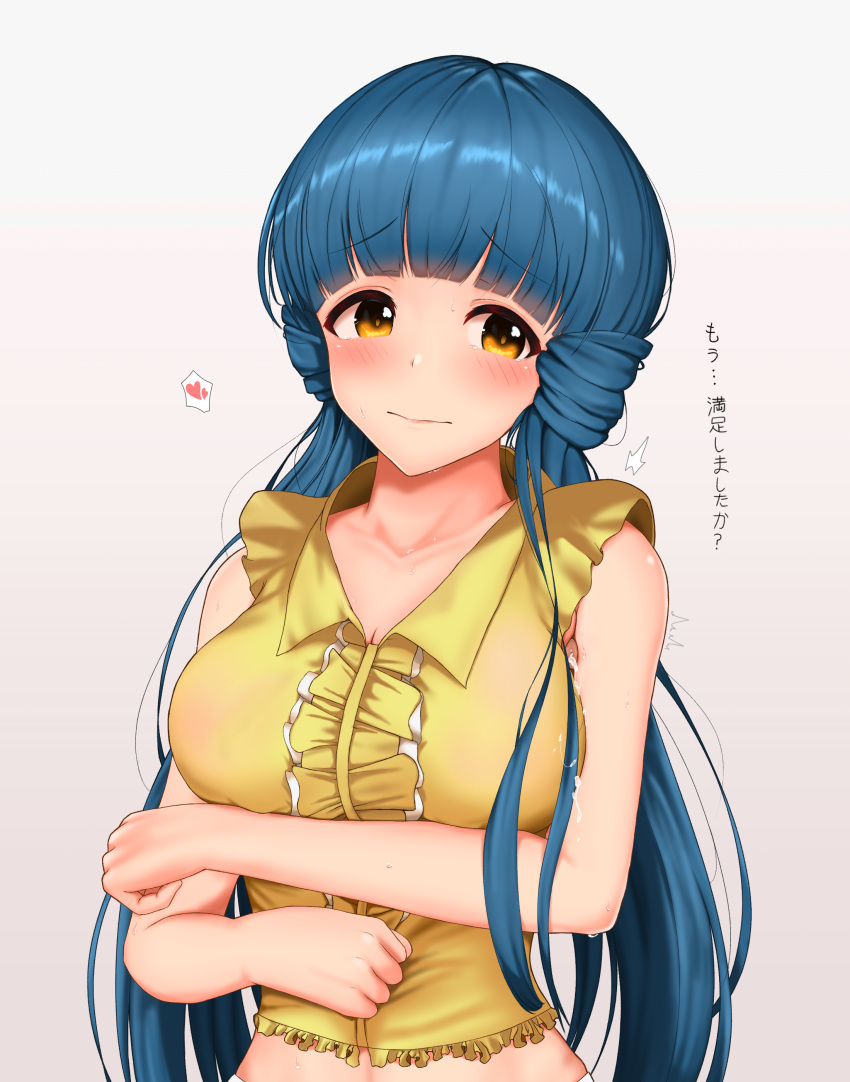 1boy 1girl absurdres armpit_sex armpits blue_hair blush breasts brown_eyes cleavage cum_on_armpits embarrassed frottage ggim_(kdnx8758) heart hetero highres idolmaster idolmaster_million_live! kitakami_reika long_hair low_twintails medium_breasts midriff out_of_frame penis penis_under_another's_clothes solo_focus spoken_heart symbol-only_commentary translated twintails