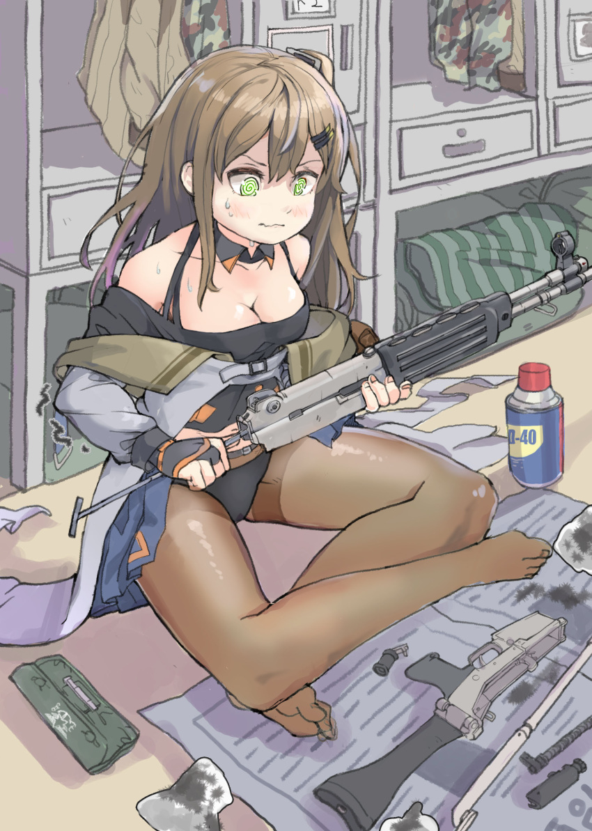 1girl absurdres assault_rifle bare_shoulders black_gloves black_shirt breasts brown_hair cabinet camouflage camouflage_jacket cleaning cleaning_weapon cleavage closed_mouth daewoo_k2 feet fingerless_gloves full_body girls'_frontline gloves green_eyes gun hair_ornament hairpin highres holding holding_gun holding_weapon indoors jacket k2_(girls'_frontline) legs long_hair long_sleeves military military_uniform newspaper pantyhose planyaria rifle shirt side_ponytail sitting solo sweat toes uniform wd-40 weapon white_jacket
