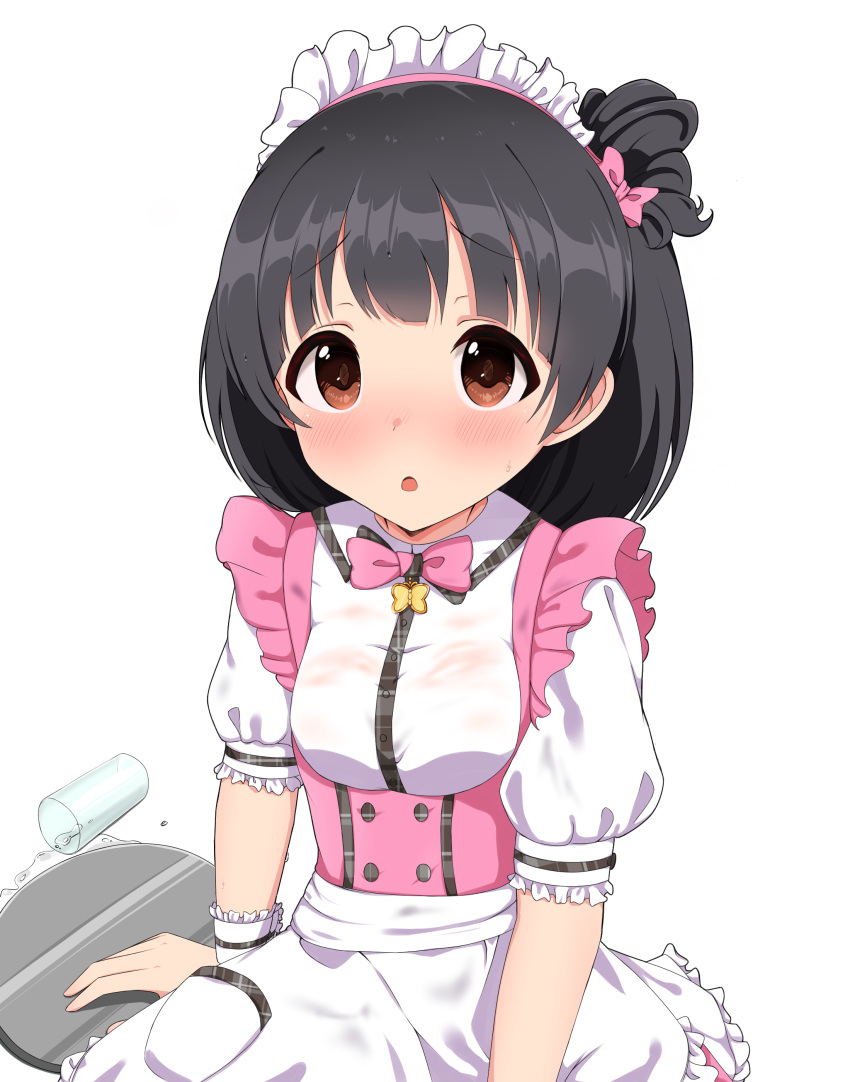 1girl absurdres alternate_costume apron black_hair breasts brown_eyes chestnut_mouth cup drinking_glass enmaided ggim_(kdnx8758) highres idolmaster idolmaster_million_live! idolmaster_million_live!_theater_days looking_at_viewer maid maid_apron maid_headdress nakatani_iku short_hair small_breasts solo spill symbol-only_commentary tray wet wet_clothes white_apron white_background