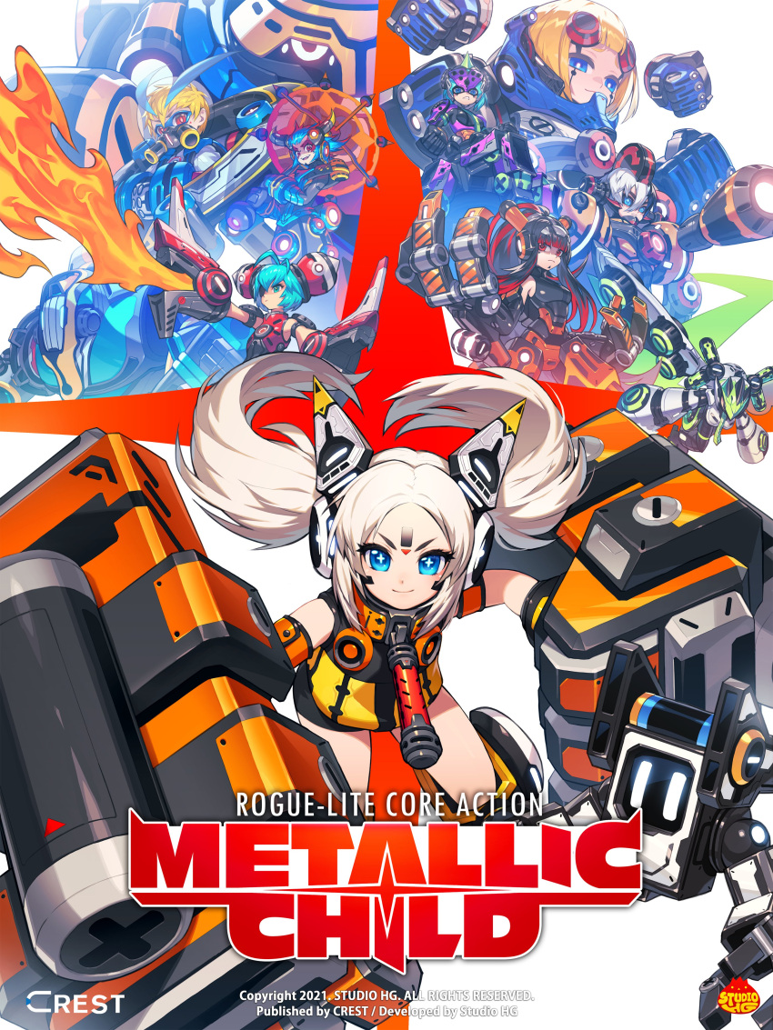 +_+ 3boys 5girls absurdres ahoge aqua_eyes bangs black_hair blonde_hair blue_eyes blue_hair blunt_bangs breasts character_request clenched_hands copyright_name cover forehead game_cover hair_behind_ear hair_between_eyes hichi highres korean_commentary logo mask mecha mecha_danshi mecha_musume medium_breasts metallic_child mouth_mask multicolored_hair multiple_boys multiple_girls official_art one_eye_covered power_armor red_eyes red_hair robot rona_(metallic_child) science_fiction scowl short_hair smile smug streaked_hair twintails v-shaped_eyebrows white_eyes white_hair