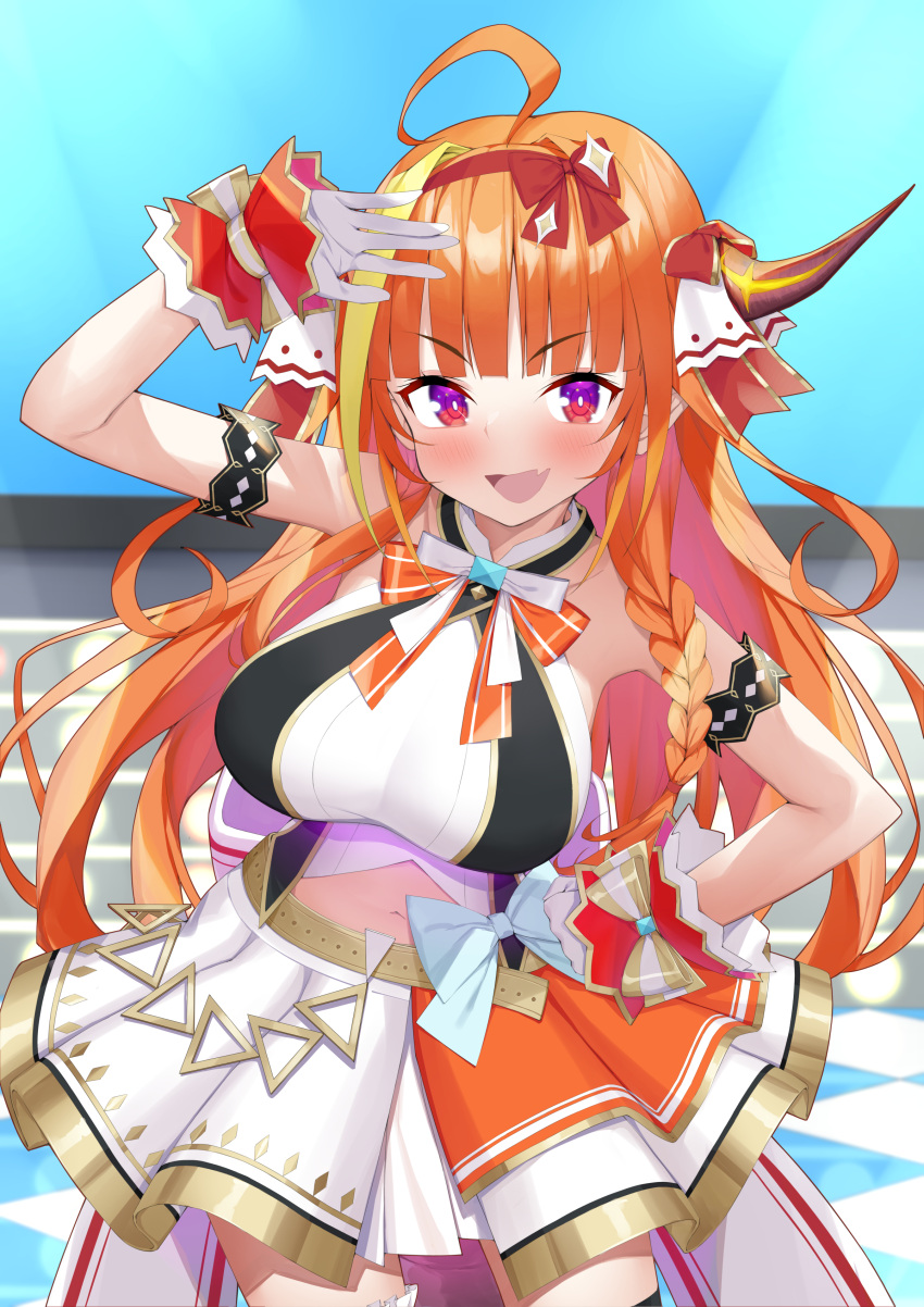 1girl :d absurdres ahoge armlet bangs blunt_bangs blush bow bow_skirt braid breasts clothing_cutout dragon_girl dragon_horns eyebrows_visible_through_hair fang gloves hairband halter_top halterneck hand_on_hip highres hololive hololive_idol_uniform horn_ornament horn_ribbon horns idol kiryu_coco large_breasts layered_skirt leaning_forward long_hair miniskirt navel navel_cutout nogami_(minamiituki) official_alternate_costume open_mouth orange_hair orange_skirt red_eyes red_hairband ribbon side_braid skin_fang skirt skirt_set sleeveless smile solo stage v-shaped_eyebrows virtual_youtuber white_bow white_gloves white_skirt wrist_cuffs