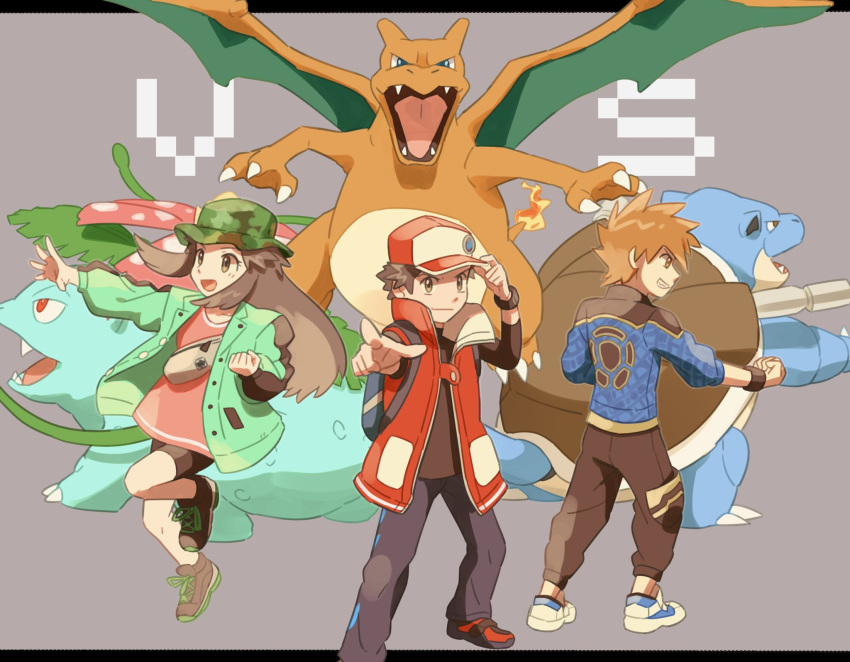 1girl 2boys :d bike_shorts blastoise blue_oak brown_eyes brown_hair brown_pants buttons camouflage camouflage_headwear charizard clenched_hand coat dress eyelashes floating_hair gen_1_pokemon green_coat grey_background hand_on_headwear hat highres jacket leaf_(pokemon) leg_up letterboxed long_hair long_sleeves looking_at_viewer multiple_boys open_clothes open_coat open_mouth outside_border outstretched_arm pants pink_dress pointing pokemon pokemon_(creature) pokemon_(game) pokemon_masters_ex red_(pokemon) red_coat shoes short_dress short_hair sidelocks sleeveless_coat smile sneakers spiked_hair standing tongue torinoko_(miiko_draw) venusaur wristband