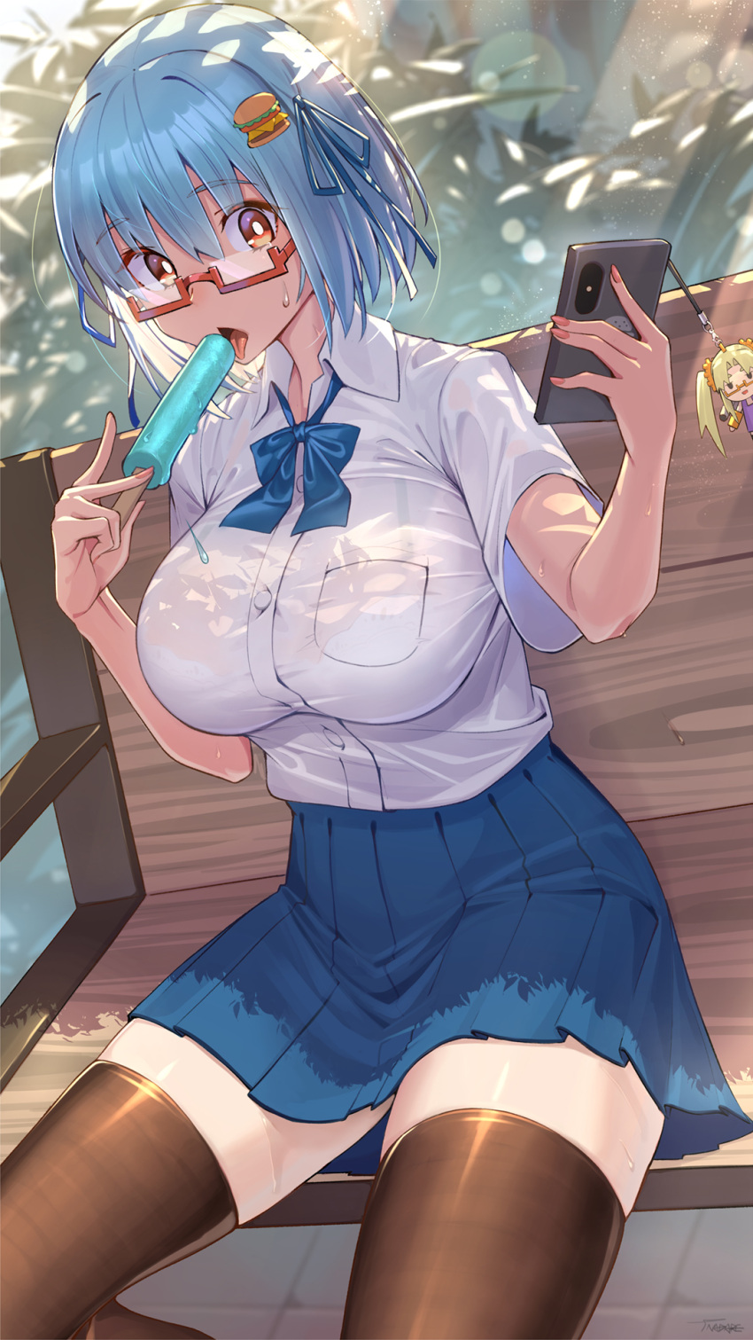 1girl bangs bench blue_neckwear borrowed_character bow bowtie bra bra_peek breasts brown_legwear burger cellphone eyebrows_visible_through_hair food glasses hamburger-chan_(hundredburger) highres holding holding_phone large_breasts licking light_blue_hair nadare-san_(nadare3nwm) original park_bench phone pleated_skirt popsicle see-through semi-rimless_eyewear short_hair skirt smartphone solo sweat thighhighs underwear