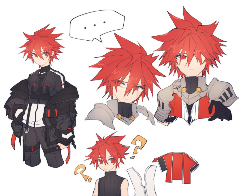 ... 1boy ? armor black_gloves black_jacket black_pants black_shirt elsword elsword_(character) gloves hand_in_pocket highres jacket jacket_removed kajiimai korean_commentary long_sleeves looking_to_the_side male_focus off_shoulder pants pauldrons puffy_long_sleeves puffy_sleeves red_eyes red_hair red_jacket shirt shoulder_armor simple_background speech_bubble spiked_hair spoken_ellipsis thigh_strap white_background