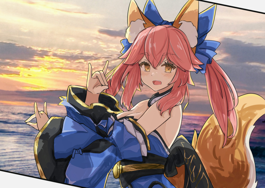 1girl absurdres animal_ear_fluff animal_ears blue_kimono blue_ribbon blush breasts cleavage double_fox_shadow_puppet eyebrows_visible_through_hair fate/extella fate/extra fate/extra_ccc fate/grand_order fate_(series) fox_ears fox_girl fox_shadow_puppet fox_tail hair_ribbon highres japanese_clothes kimono large_breasts looking_at_viewer looking_to_the_side open_mouth pink_hair ribbon solo tail tamamo_(fate) tamamo_no_mae_(fate) wataamis yellow_eyes